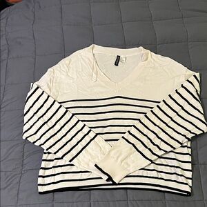 Divided White and Black Striped V-Neck Sweater